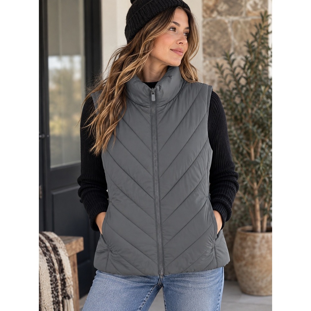 Lands' End Puffer Vest Womens S 6-8 Gray Chevron Quilted Full Zip Lightweight